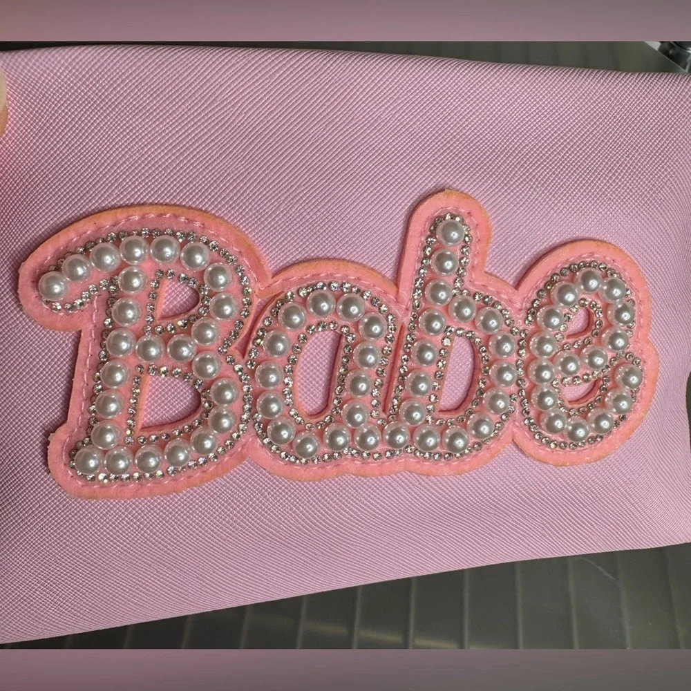 Embellished babe pearl and crystal Women's cosmetic Bag with gold accent